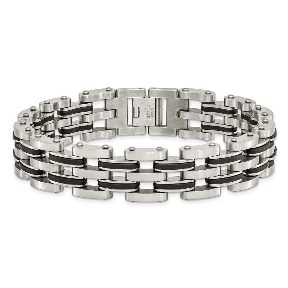 9.25 Zoll Chisel Edelstahl Gebürstet und Poliert mit Schwarz Gummi 8.75 Glieder Armband