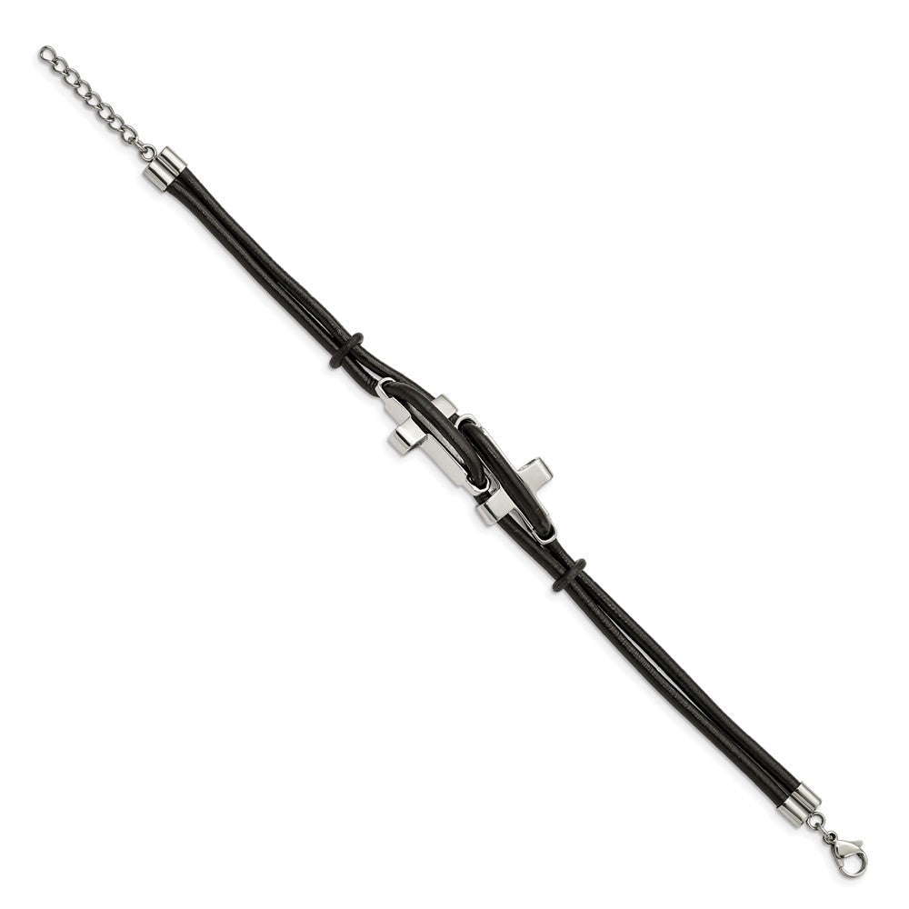 Edelstahl Chisel Poliert Seitlich Crosses 2 Strang Schwarz Leder 8.25 Zoll Armband