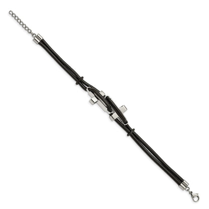 Edelstahl Chisel Poliert Seitlich Crosses 2 Strang Schwarz Leder 8.25 Zoll Armband