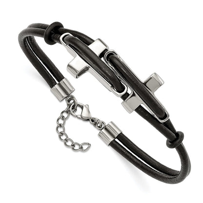 Edelstahl Chisel Poliert Seitlich Crosses 2 Strang Schwarz Leder 8.25 Zoll Armband