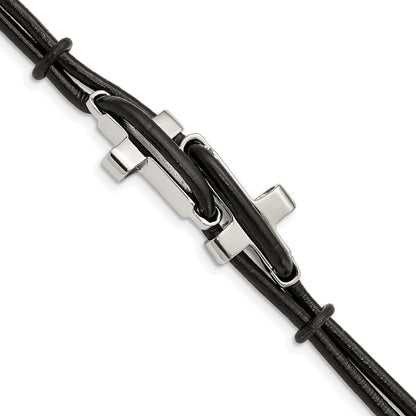 Edelstahl Chisel Poliert Seitlich Crosses 2 Strang Schwarz Leder 8.25 Zoll Armband