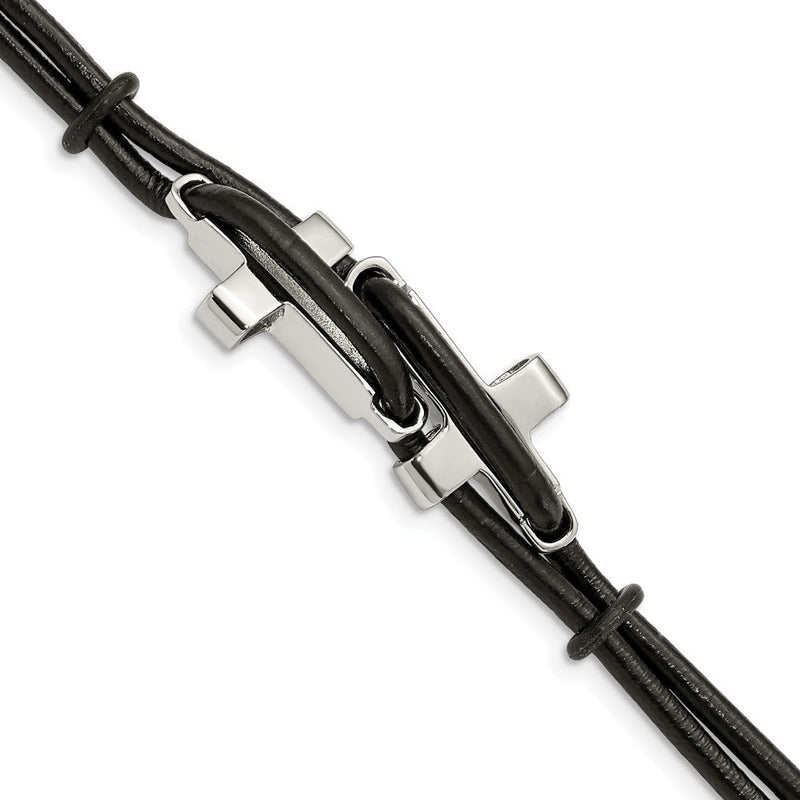 Edelstahl Chisel Poliert Seitlich Crosses 2 Strang Schwarz Leder 8.25 Zoll Armband