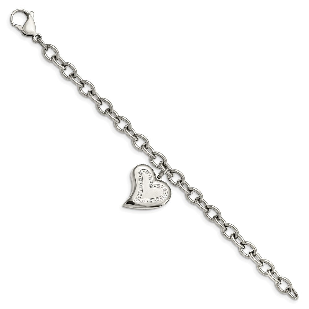 Edelstahl Chisel Poliert mit Zirkonia Herz Charm 7.5 Zoll Armband