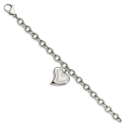 Edelstahl Chisel Poliert mit Zirkonia Herz Charm 7.5 Zoll Armband