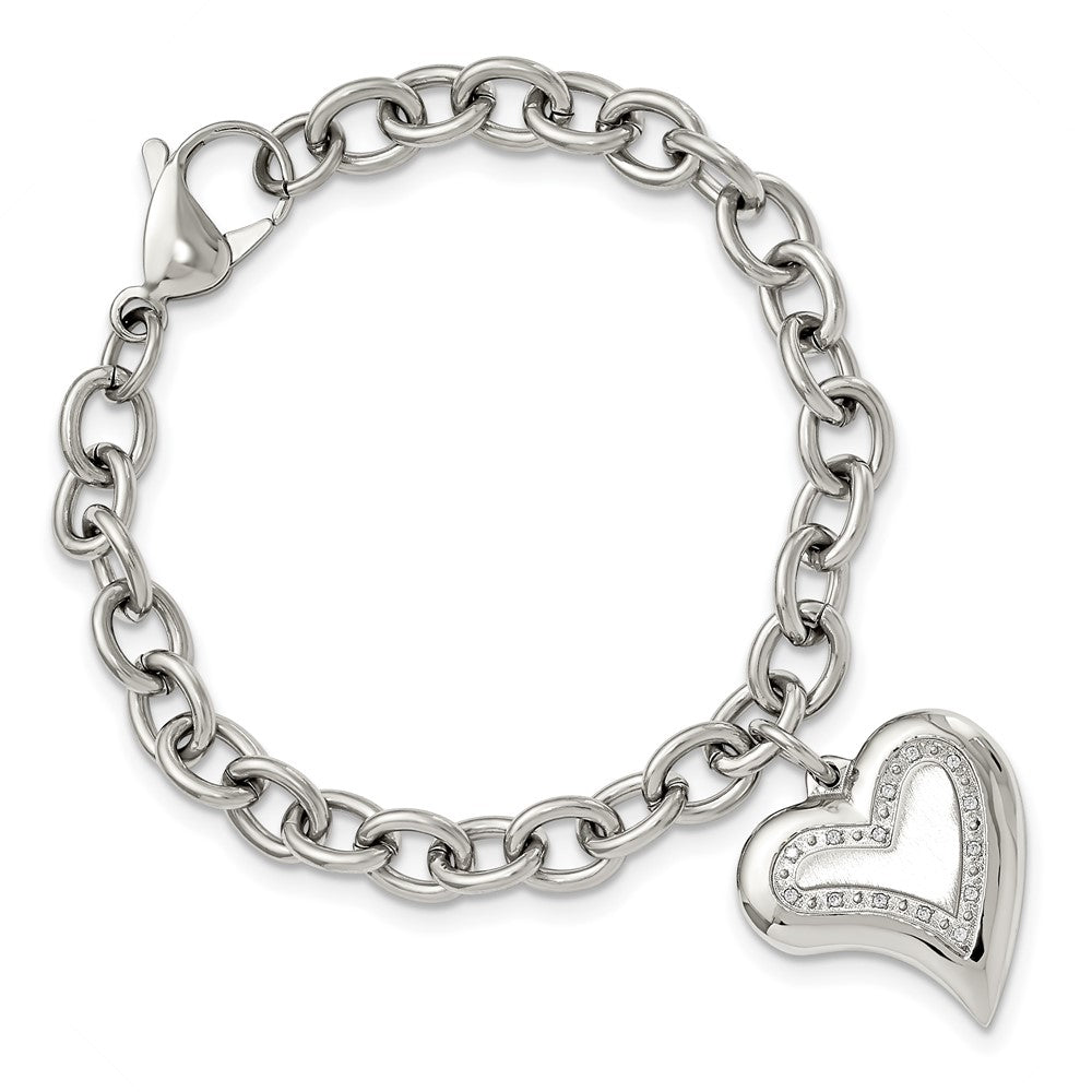 Edelstahl Chisel Poliert mit Zirkonia Herz Charm 7.5 Zoll Armband