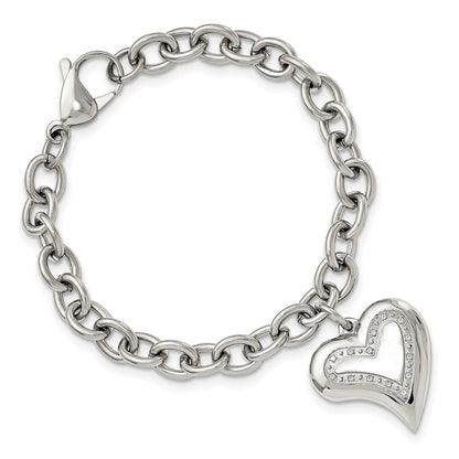Edelstahl Chisel Poliert mit Zirkonia Herz Charm 7.5 Zoll Armband
