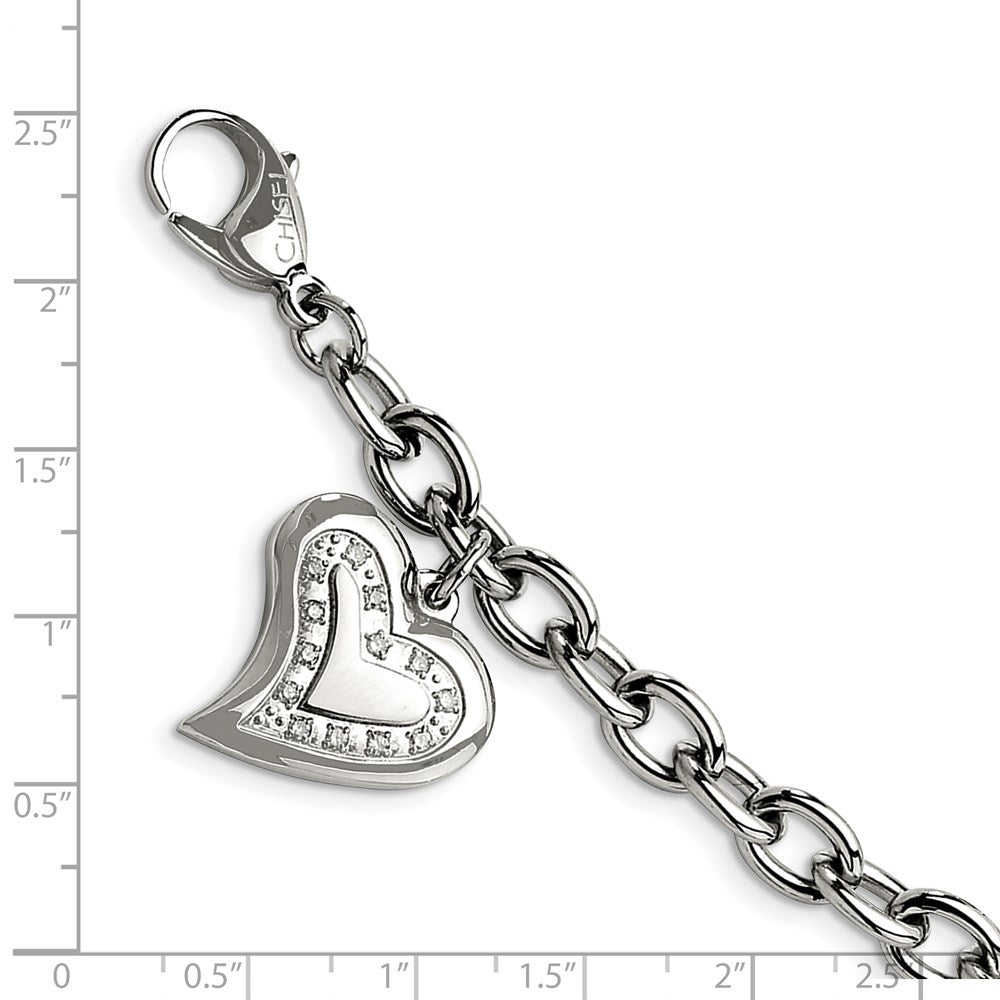 Edelstahl Chisel Poliert mit Zirkonia Herz Charm 7.5 Zoll Armband