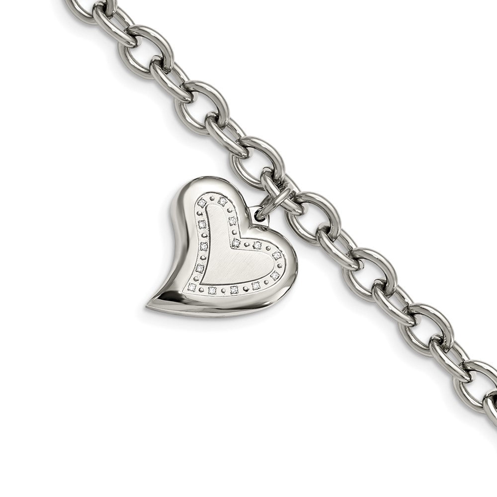 Edelstahl Chisel Poliert mit Zirkonia Herz Charm 7.5 Zoll Armband