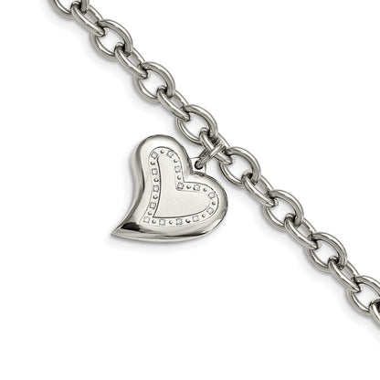 Edelstahl Chisel Poliert mit Zirkonia Herz Charm 7.5 Zoll Armband