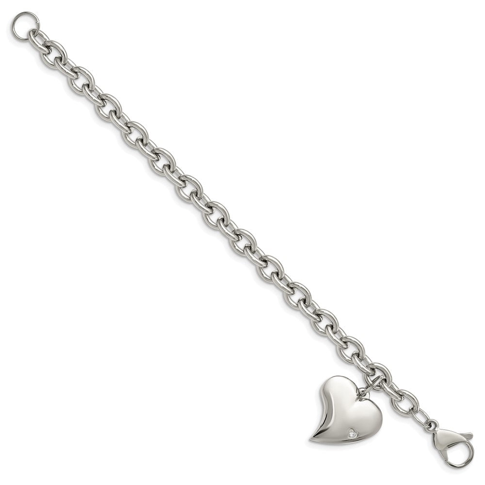 Edelstahl Chisel Poliert Glieder mit Zirkonia Herz Hängend Charm 7.5 Zoll Armband