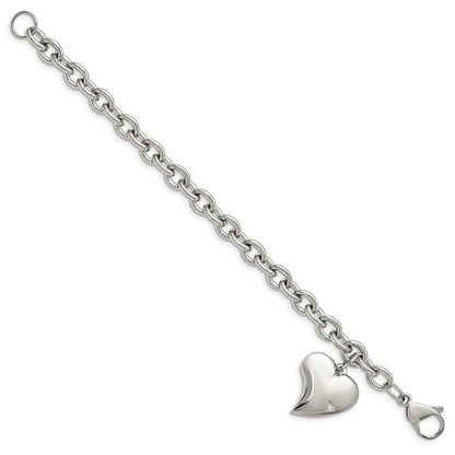 Edelstahl Chisel Poliert Glieder mit Zirkonia Herz Hängend Charm 7.5 Zoll Armband