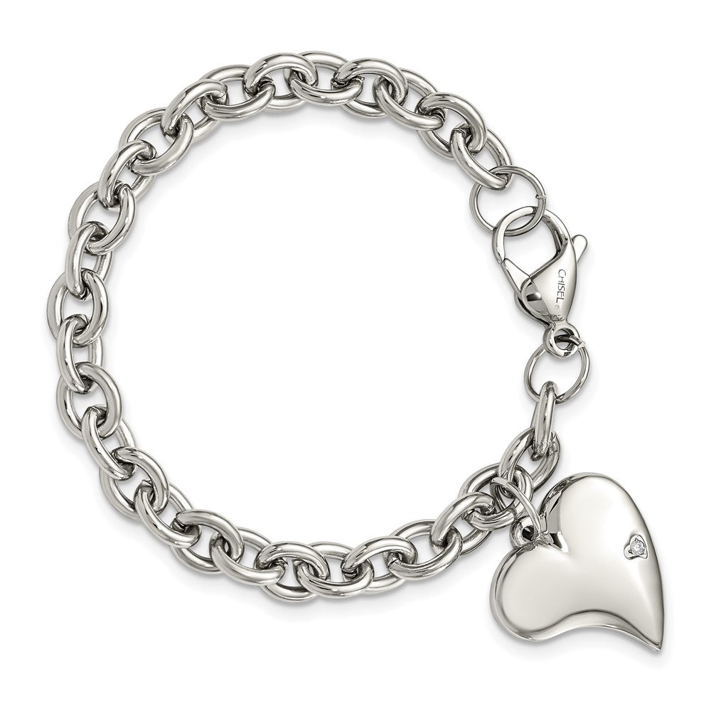 Edelstahl Chisel Poliert Glieder mit Zirkonia Herz Hängend Charm 7.5 Zoll Armband