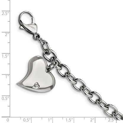 Edelstahl Chisel Poliert Glieder mit Zirkonia Herz Hängend Charm 7.5 Zoll Armband
