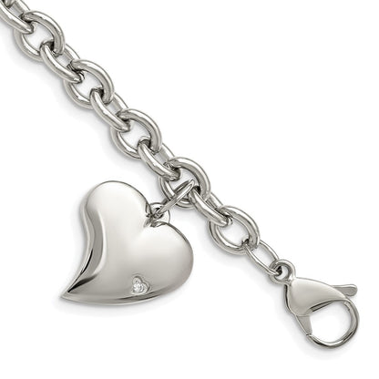 Edelstahl Chisel Poliert Glieder mit Zirkonia Herz Hängend Charm 7.5 Zoll Armband