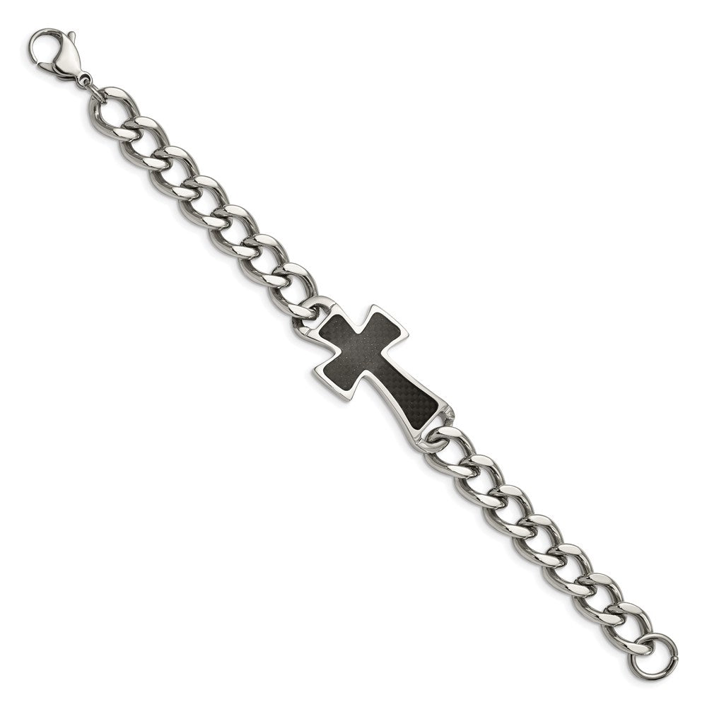Edelstahl Chisel Poliert mit Schwarz Karbon Faser Einlage Kreuz 8.5 Zoll Armband