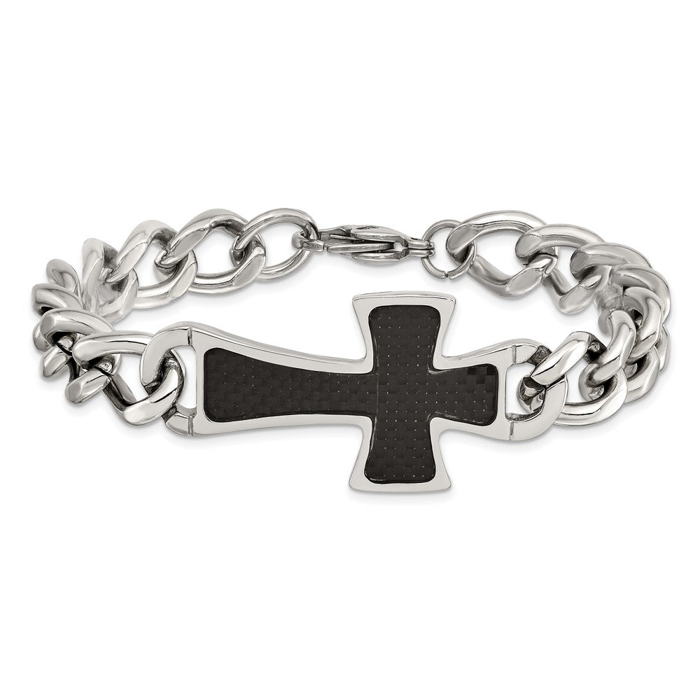 Edelstahl Chisel Poliert mit Schwarz Karbon Faser Einlage Kreuz 8.5 Zoll Armband