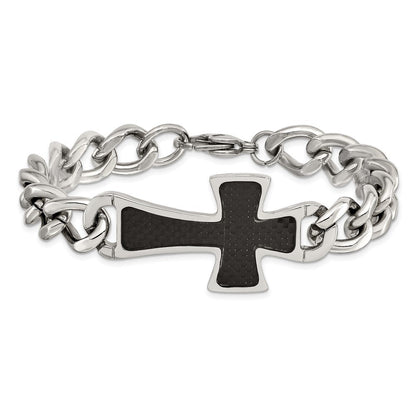 Edelstahl Chisel Poliert mit Schwarz Karbon Faser Einlage Kreuz 8.5 Zoll Armband