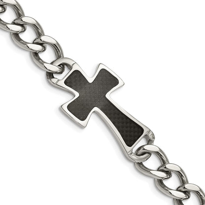 Edelstahl Chisel Poliert mit Schwarz Karbon Faser Einlage Kreuz 8.5 Zoll Armband