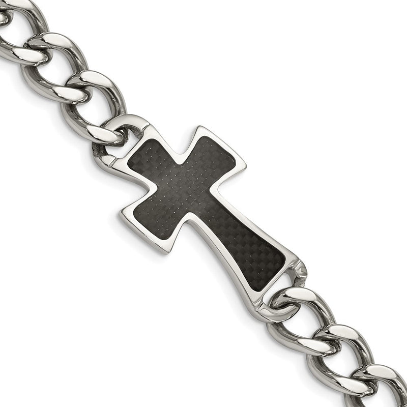 Edelstahl Chisel Poliert mit Schwarz Karbon Faser Einlage Kreuz 8.5 Zoll Armband