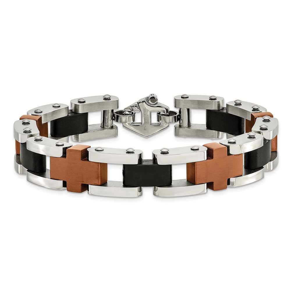 Edelstahl Chisel Gebürstet und Poliert Schwarz Braun Ip-beschichtet 8.75 Zoll Kreuz Glieder Armband