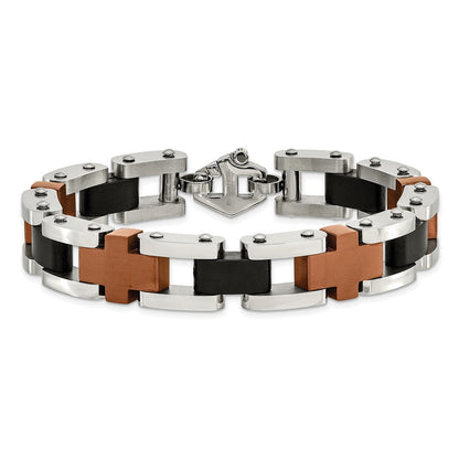 Edelstahl Chisel Gebürstet und Poliert Schwarz Braun Ip-beschichtet 8.75 Zoll Kreuz Glieder Armband
