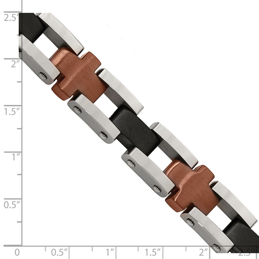 Edelstahl Chisel Gebürstet und Poliert Schwarz Braun Ip-beschichtet 8.75 Zoll Kreuz Glieder Armband