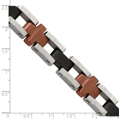 Edelstahl Chisel Gebürstet und Poliert Schwarz Braun Ip-beschichtet 8.75 Zoll Kreuz Glieder Armband
