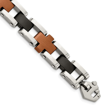 Edelstahl Chisel Gebürstet und Poliert Schwarz Braun Ip-beschichtet 8.75 Zoll Kreuz Glieder Armband