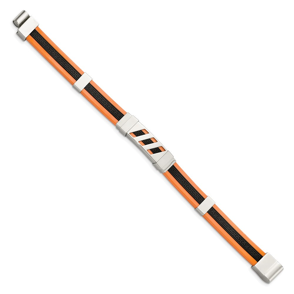 Edelstahl Chisel Poliert Schwarz und Orange Gummi mit Greek Key Design 8 Zoll Armband