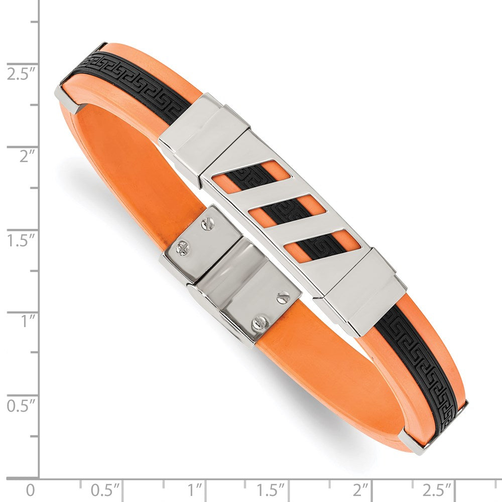 Edelstahl Chisel Poliert Schwarz und Orange Gummi mit Greek Key Design 8 Zoll Armband