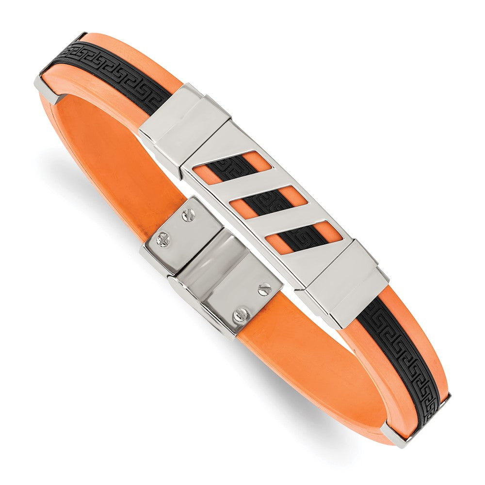 Edelstahl Chisel Poliert Schwarz und Orange Gummi mit Greek Key Design 8 Zoll Armband