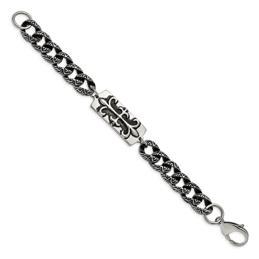 8.5 Zoll Edelstahl Antikisiert und Poliert Fleur De Lis 9 Zoll Armband
