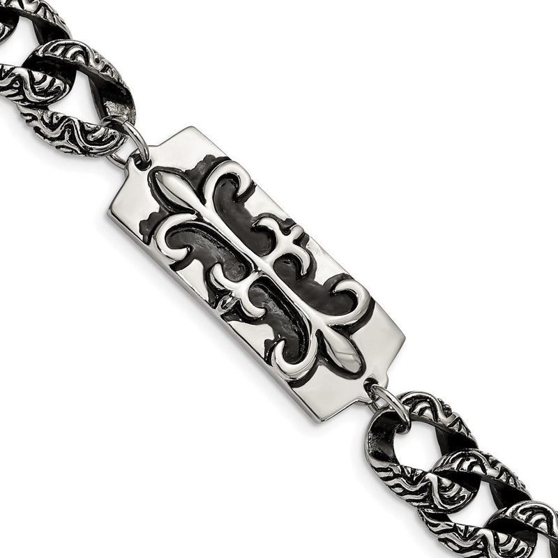 8.5 Zoll Edelstahl Antikisiert und Poliert Fleur De Lis 9 Zoll Armband