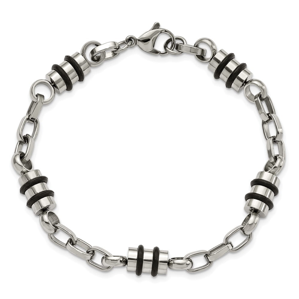 Edelstahl Chisel Poliert mit Schwarz Gummi Barrel Glieder 8 Zoll Armband