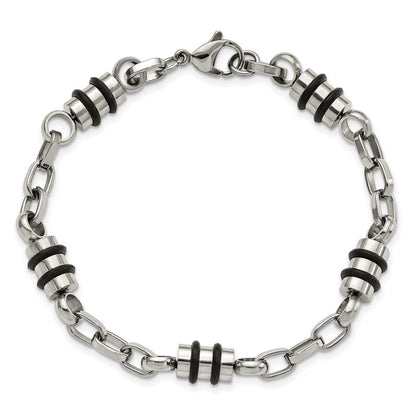 Edelstahl Chisel Poliert mit Schwarz Gummi Barrel Glieder 8 Zoll Armband