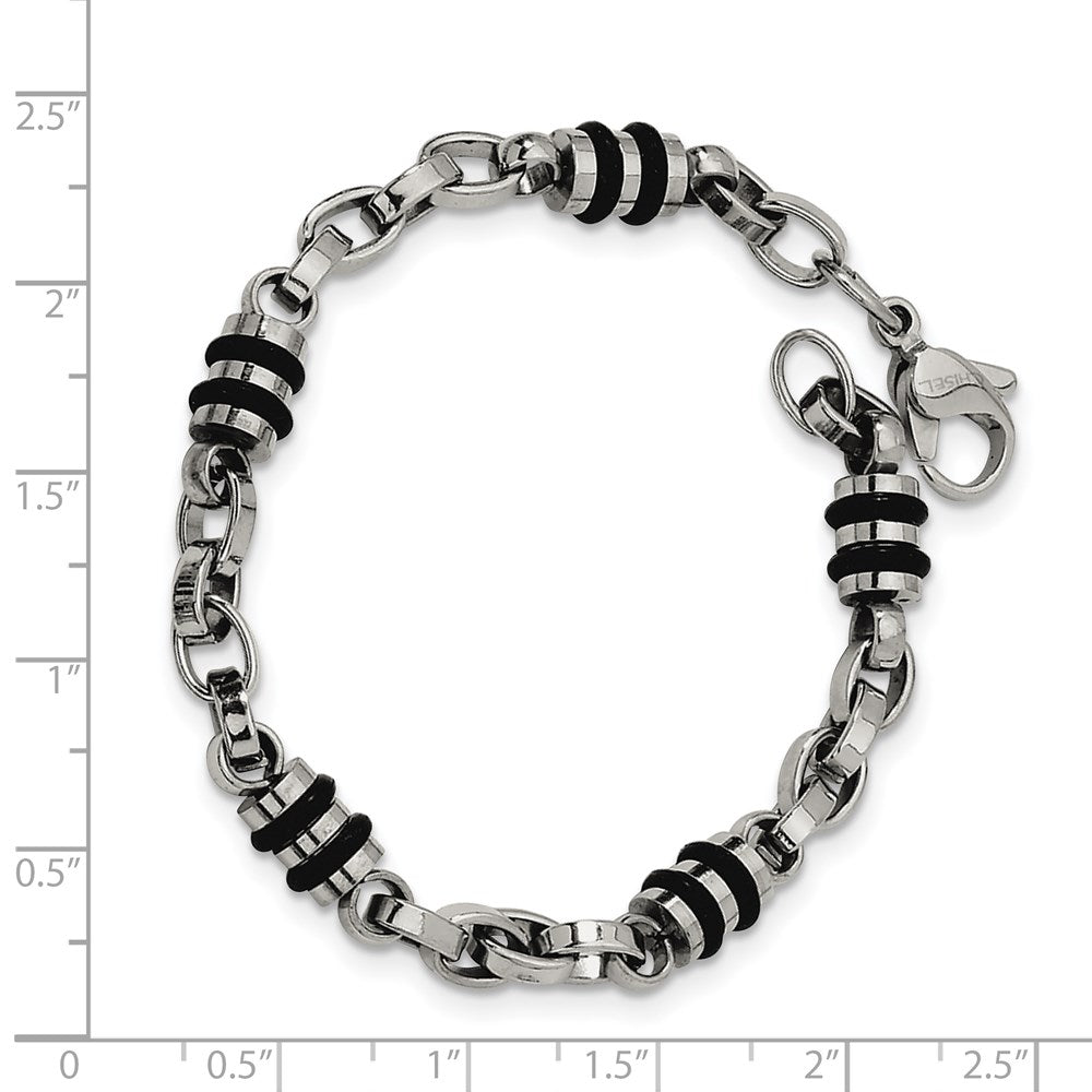 Edelstahl Chisel Poliert mit Schwarz Gummi Barrel Glieder 8 Zoll Armband