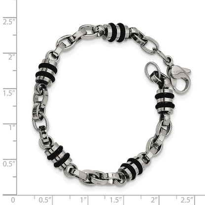 Edelstahl Chisel Poliert mit Schwarz Gummi Barrel Glieder 8 Zoll Armband
