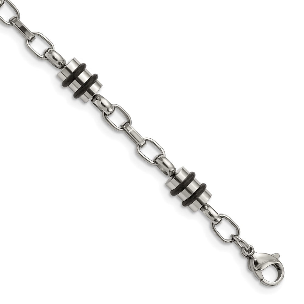 Edelstahl Chisel Poliert mit Schwarz Gummi Barrel Glieder 8 Zoll Armband