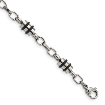 Edelstahl Chisel Poliert mit Schwarz Gummi Barrel Glieder 8 Zoll Armband