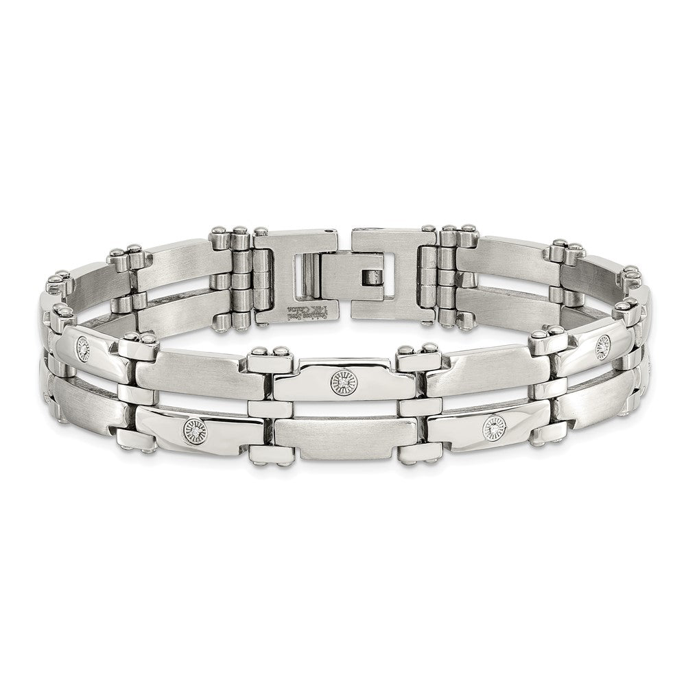 Edelstahl Chisel Gebürstet und Poliert mit Rhodiniert 14K Weißgold 1/20 Karat Diamant 8.5 Zoll Armband
