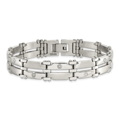 Edelstahl Chisel Gebürstet und Poliert mit Rhodiniert 14K Weißgold 1/20 Karat Diamant 8.5 Zoll Armband