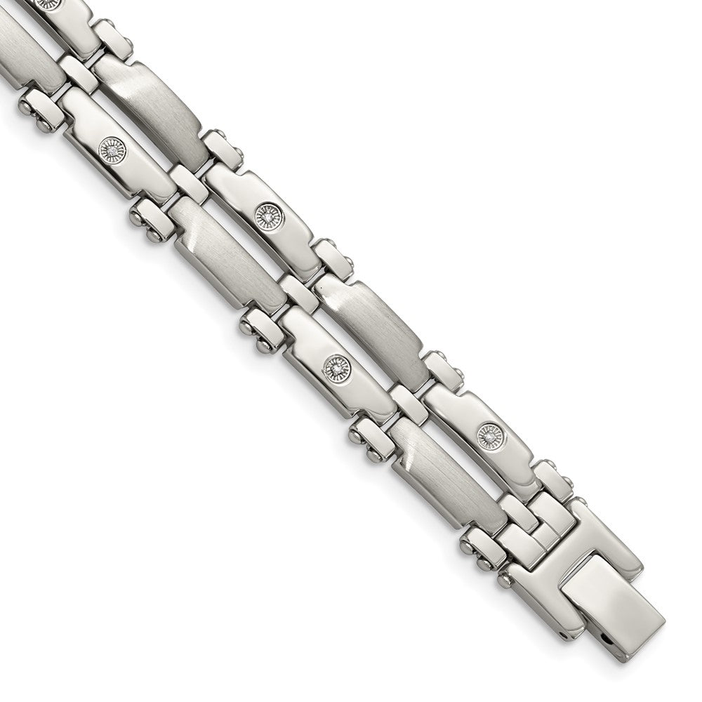 Edelstahl Chisel Gebürstet und Poliert mit Rhodiniert 14K Weißgold 1/20 Karat Diamant 8.5 Zoll Armband