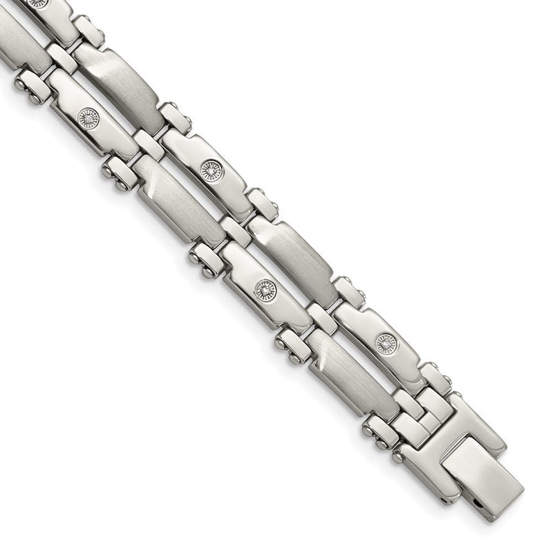 Edelstahl Chisel Gebürstet und Poliert mit Rhodiniert 14K Weißgold 1/20 Karat Diamant 8.5 Zoll Armband