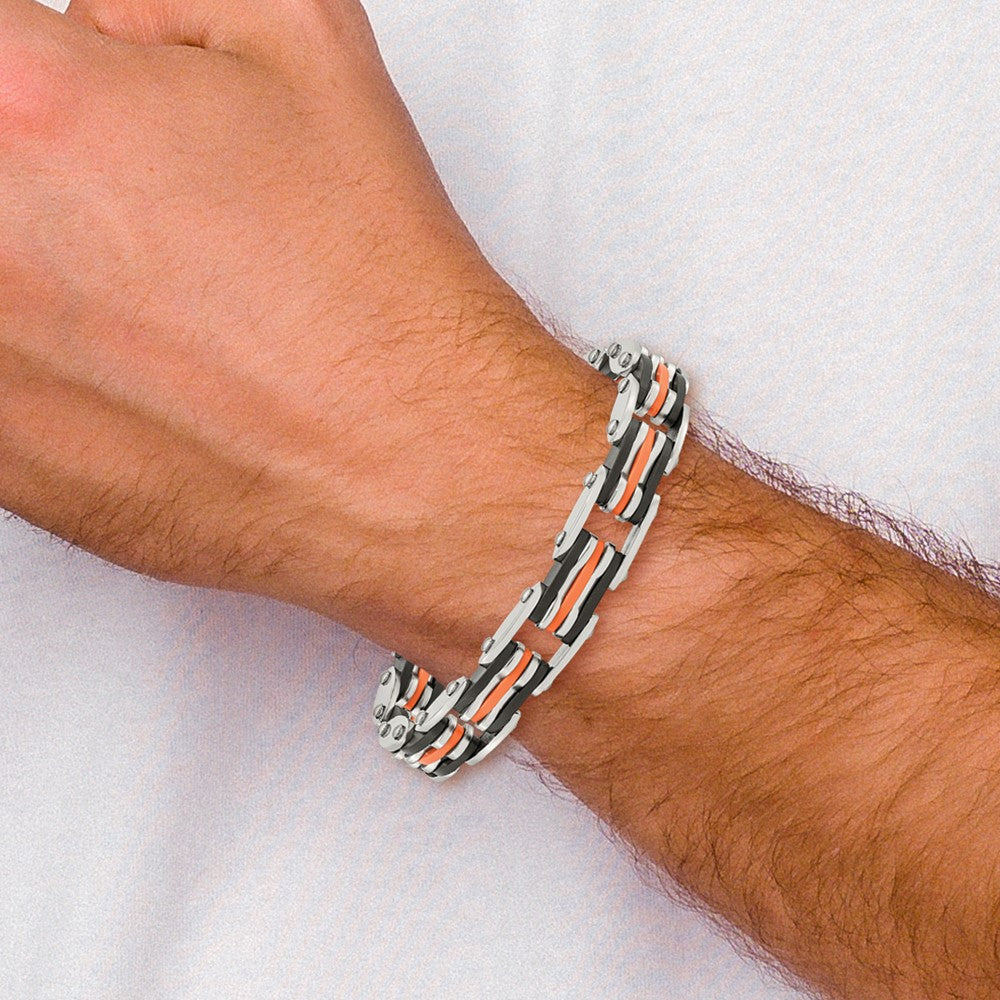 Edelstahl Chisel Poliert mit Blakc und Orange Gummi 8.5 Zoll Glieder Armband