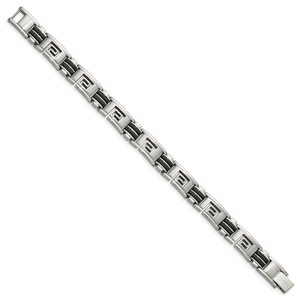 Edelstahl Chisel Gebürstet und Poliert Schwarz Gummi Einlage Greek Key 8.5 Zoll Armband