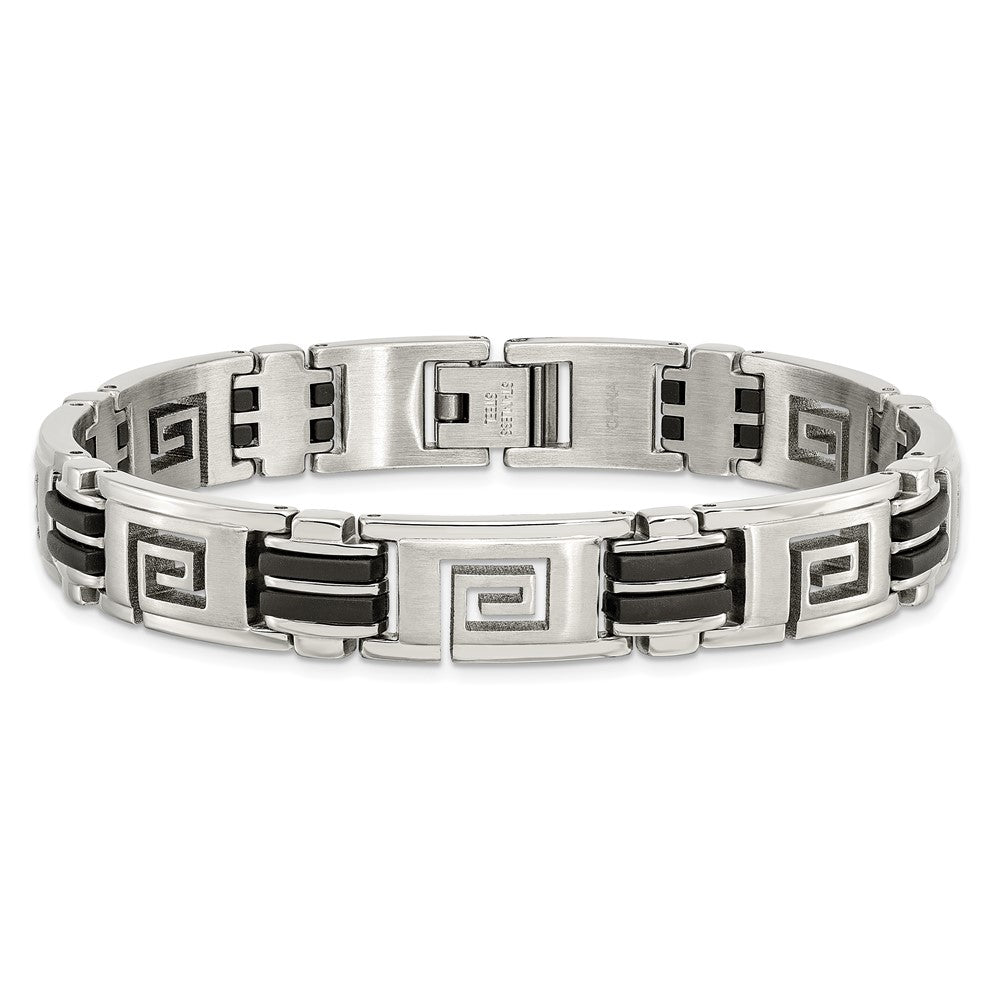 Edelstahl Chisel Gebürstet und Poliert Schwarz Gummi Einlage Greek Key 8.5 Zoll Armband
