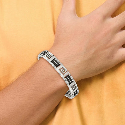 Edelstahl Chisel Gebürstet und Poliert Schwarz Gummi Einlage Greek Key 8.5 Zoll Armband