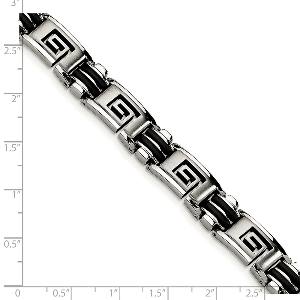 Edelstahl Chisel Gebürstet und Poliert Schwarz Gummi Einlage Greek Key 8.5 Zoll Armband
