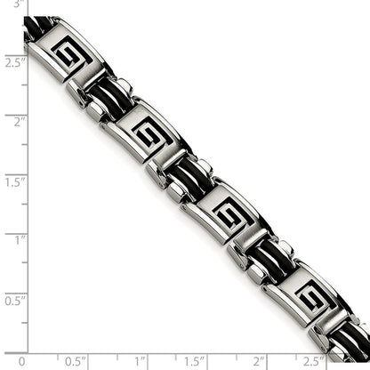 Edelstahl Chisel Gebürstet und Poliert Schwarz Gummi Einlage Greek Key 8.5 Zoll Armband