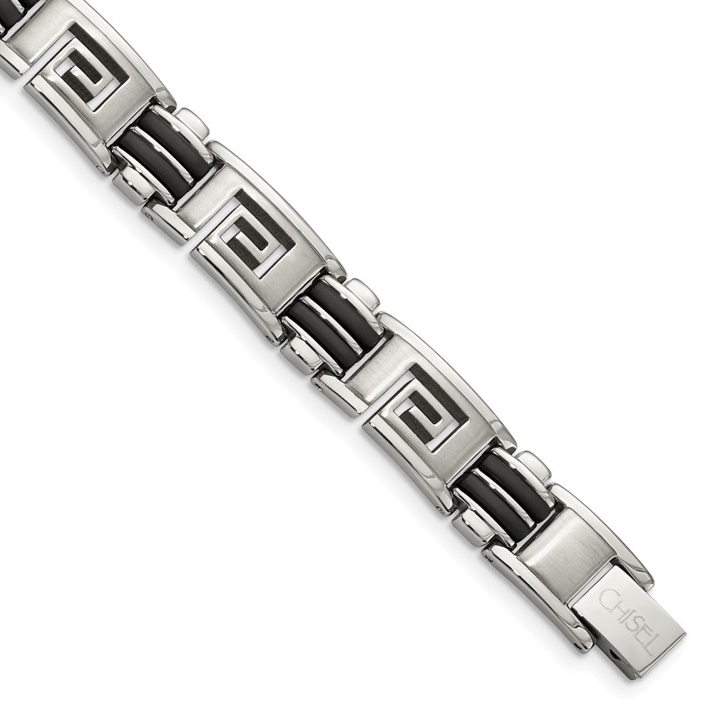 Edelstahl Chisel Gebürstet und Poliert Schwarz Gummi Einlage Greek Key 8.5 Zoll Armband